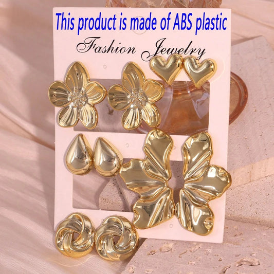 5 Pairs Fashion Gold Color Smooth Flower Leaf Teardrop Circle Heart Shaped Earring Set For Women Daily Wear Party Jewelry Gift