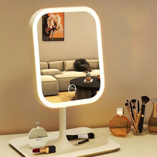 New 1Pc LED Modern Desktop Vanity Mirror, Portable 3 Color Light LED Makeup Mirror