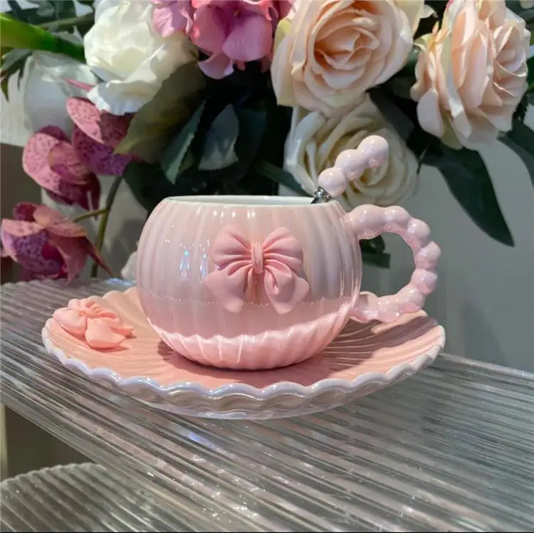 French Pink Bow Cup,Light Luxury Coffee Cup, High-end Exquisite High Aesthetic Design Ceramic Set,