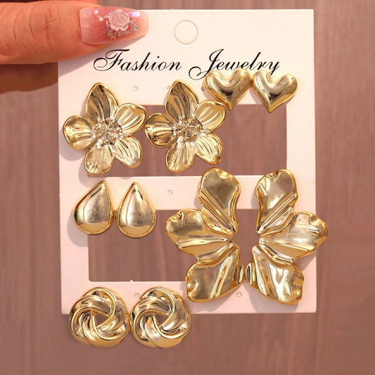 5 Pairs Fashion Gold Color Smooth Flower Leaf Teardrop Circle Heart Shaped Earring Set For Women Daily Wear Party Jewelry Gift