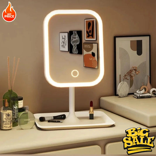 New 1Pc LED Modern Desktop Vanity Mirror, Portable 3 Color Light LED Makeup Mirror