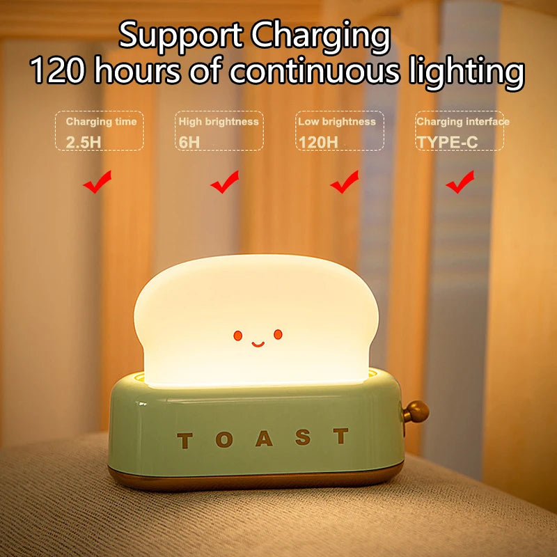 Rechargeable LED Night Light Lamp - Creative Bread Toast Table Decor