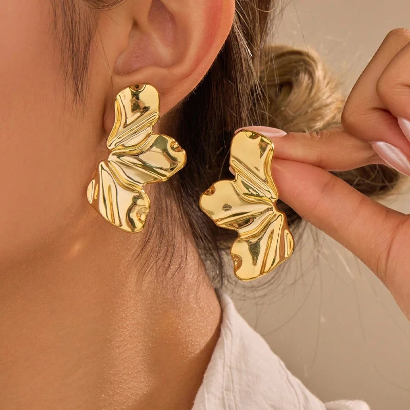 5 Pairs Fashion Gold Color Smooth Flower Leaf Teardrop Circle Heart Shaped Earring Set For Women Daily Wear Party Jewelry Gift