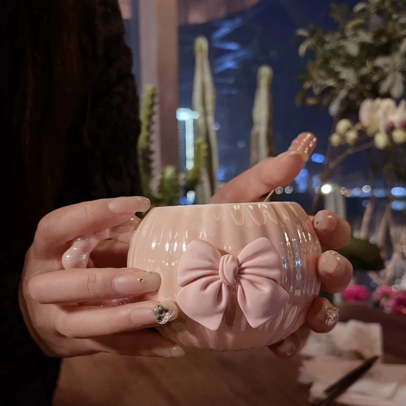 French Pink Bow Cup,Light Luxury Coffee Cup, High-end Exquisite High Aesthetic Design Ceramic Set,