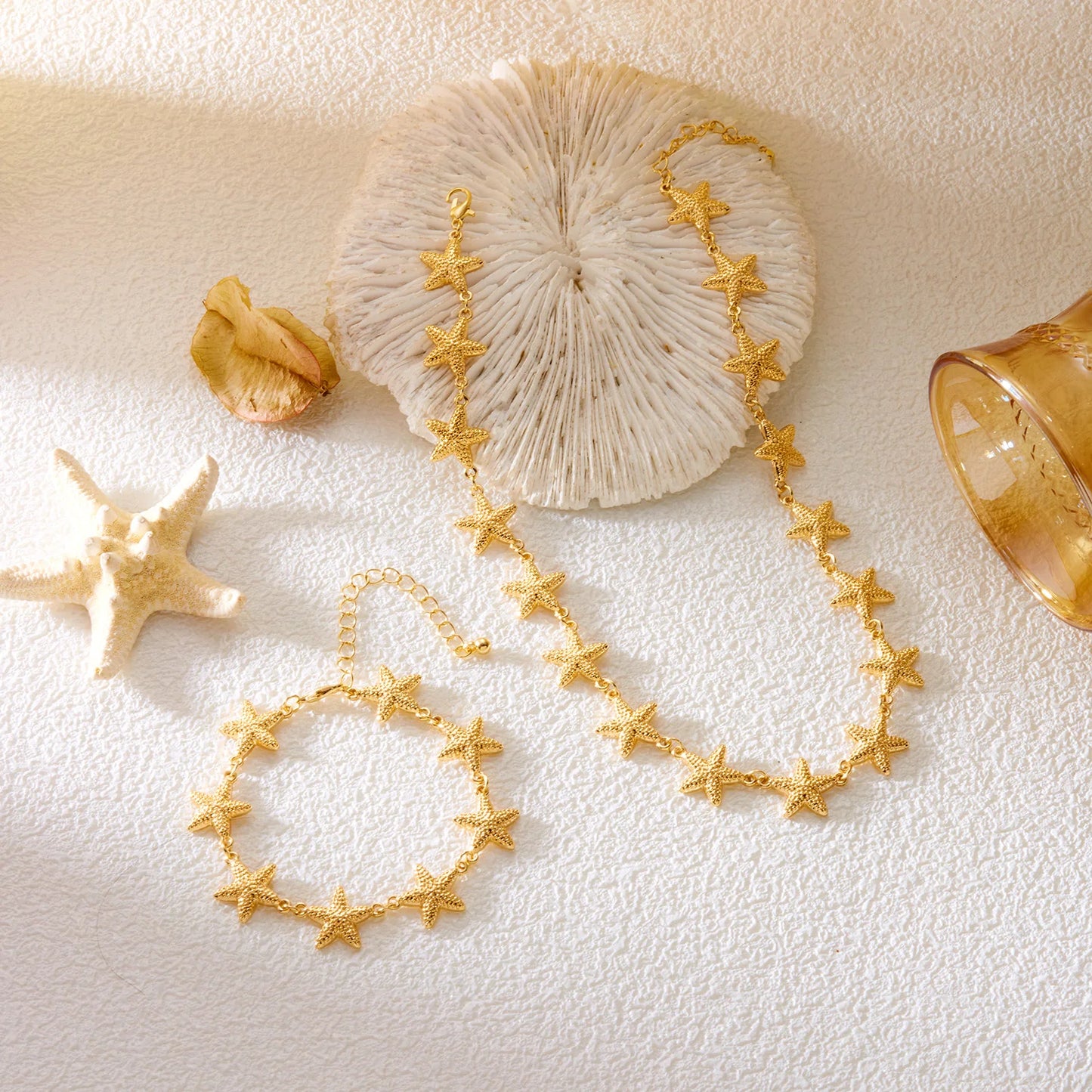 Handmade Imitation Pearl Starfish Pendant Necklace Bracelet Set for Women Summer Trendy Beach Holiday Party Jewelry Set