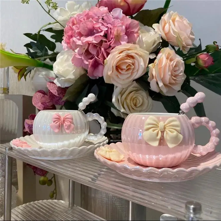 French Pink Bow Cup,Light Luxury Coffee Cup, High-end Exquisite High Aesthetic Design Ceramic Set,