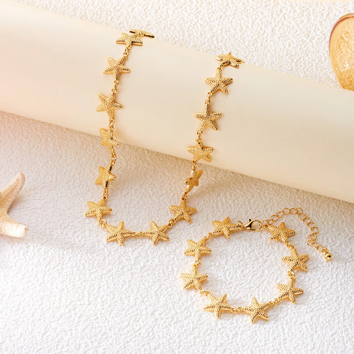 Handmade Imitation Pearl Starfish Pendant Necklace Bracelet Set for Women Summer Trendy Beach Holiday Party Jewelry Set