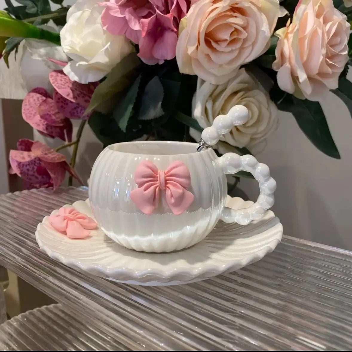 French Pink Bow Cup,Light Luxury Coffee Cup, High-end Exquisite High Aesthetic Design Ceramic Set,