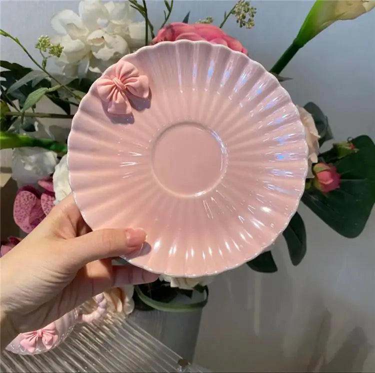 French Pink Bow Cup,Light Luxury Coffee Cup, High-end Exquisite High Aesthetic Design Ceramic Set,